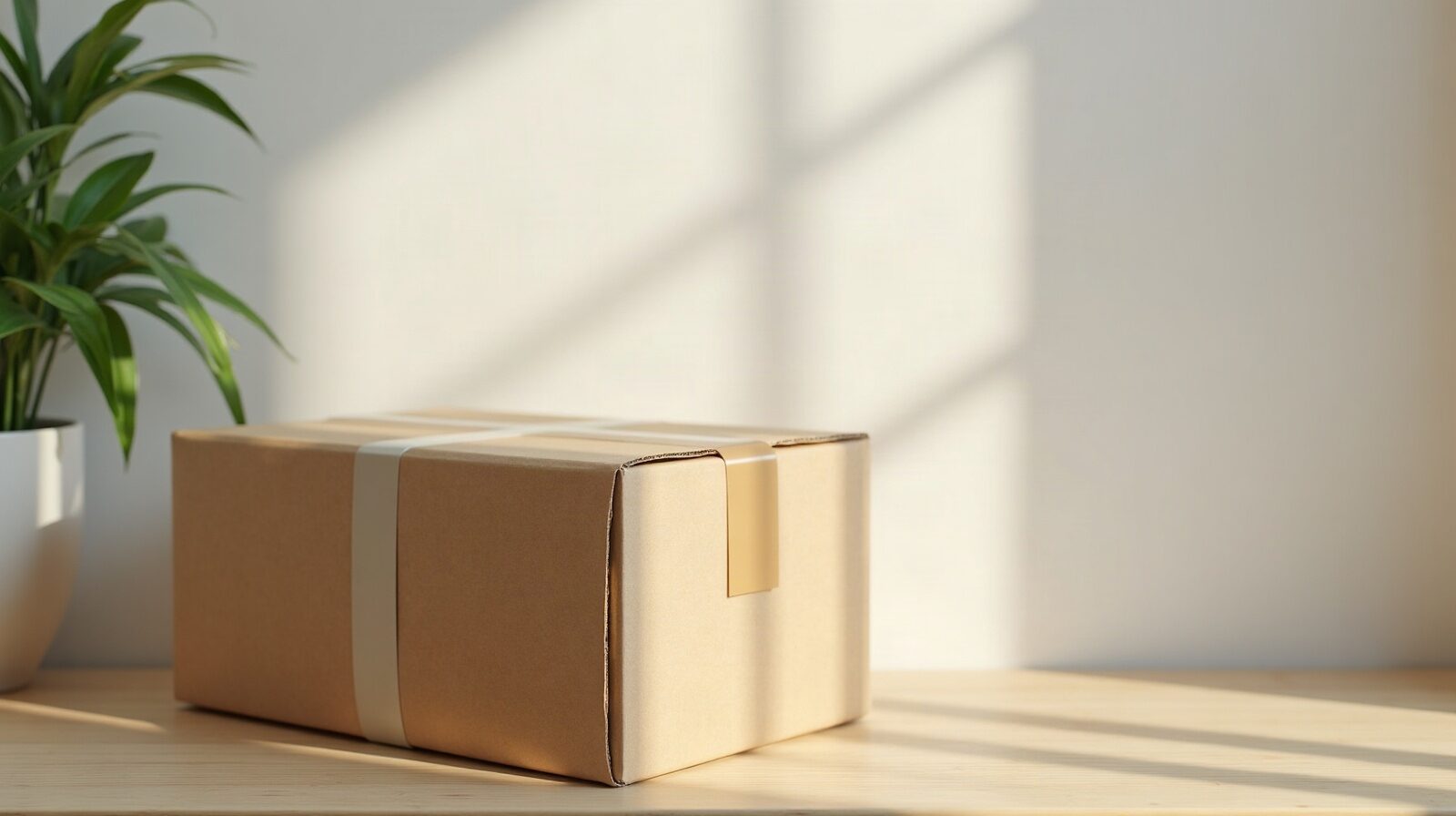 Un colis en carton fermé posé sur une table en bois, à côté d'une paire de ciseaux