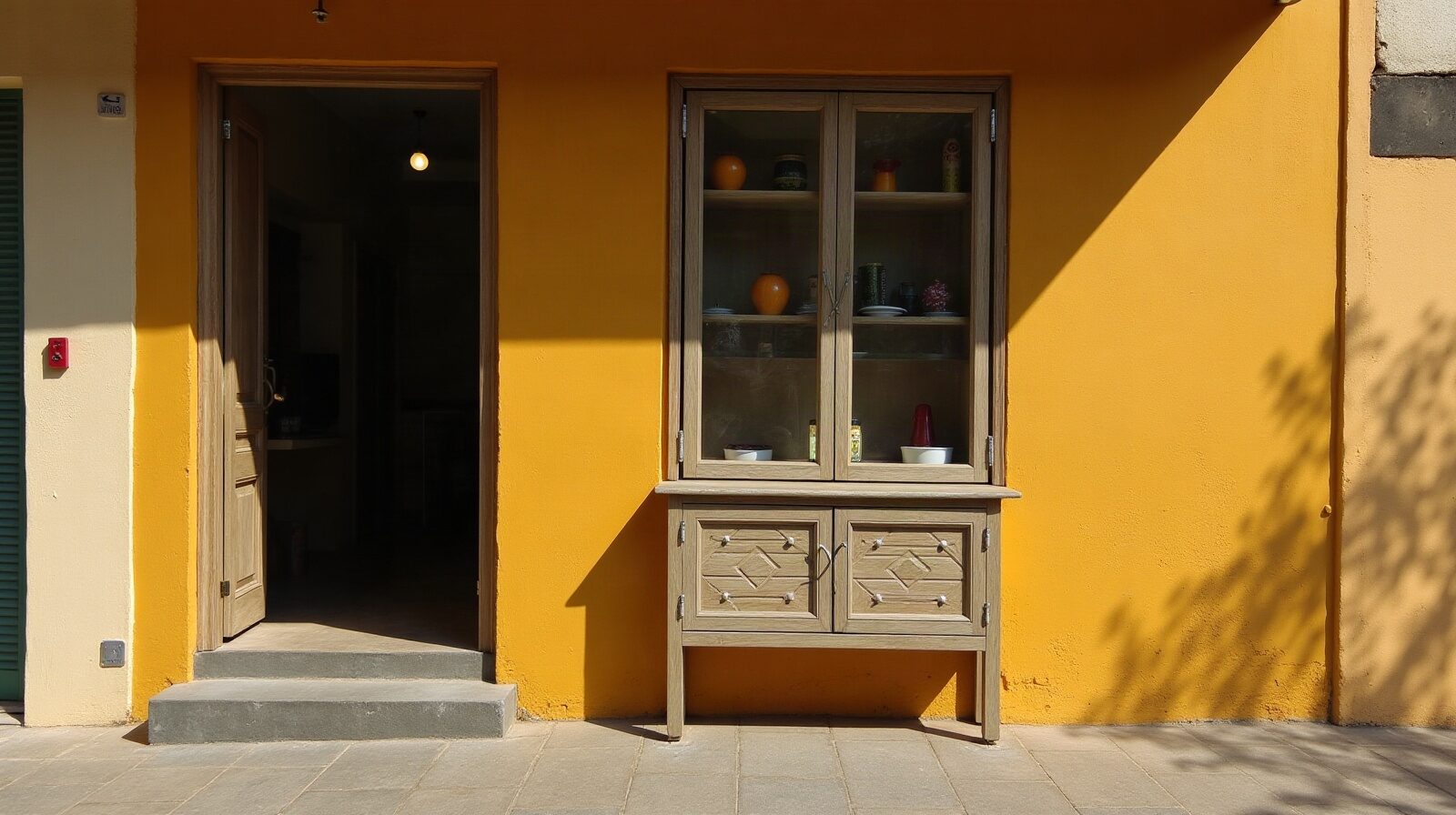 Devanture d'une petite boutique de quartier, vitrine garnie et mur jaune pâle